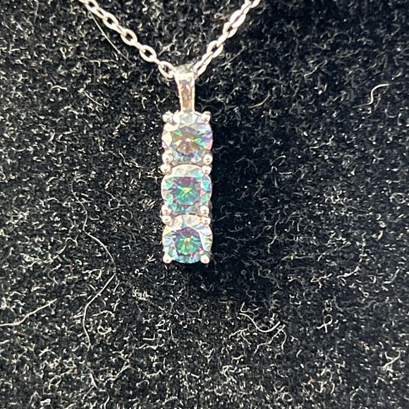 Elegant 3 stone Rainbow Blue Moissanite Pendant on Sterling Silver Necklace - Picture 3 of 12